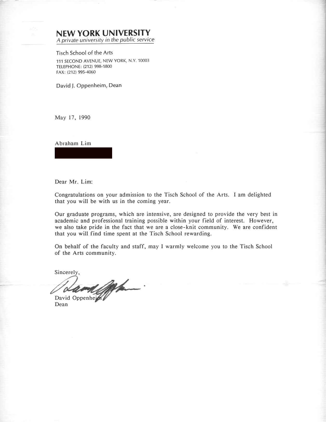 Acceptance letter to New York University Tisch School of The Arts