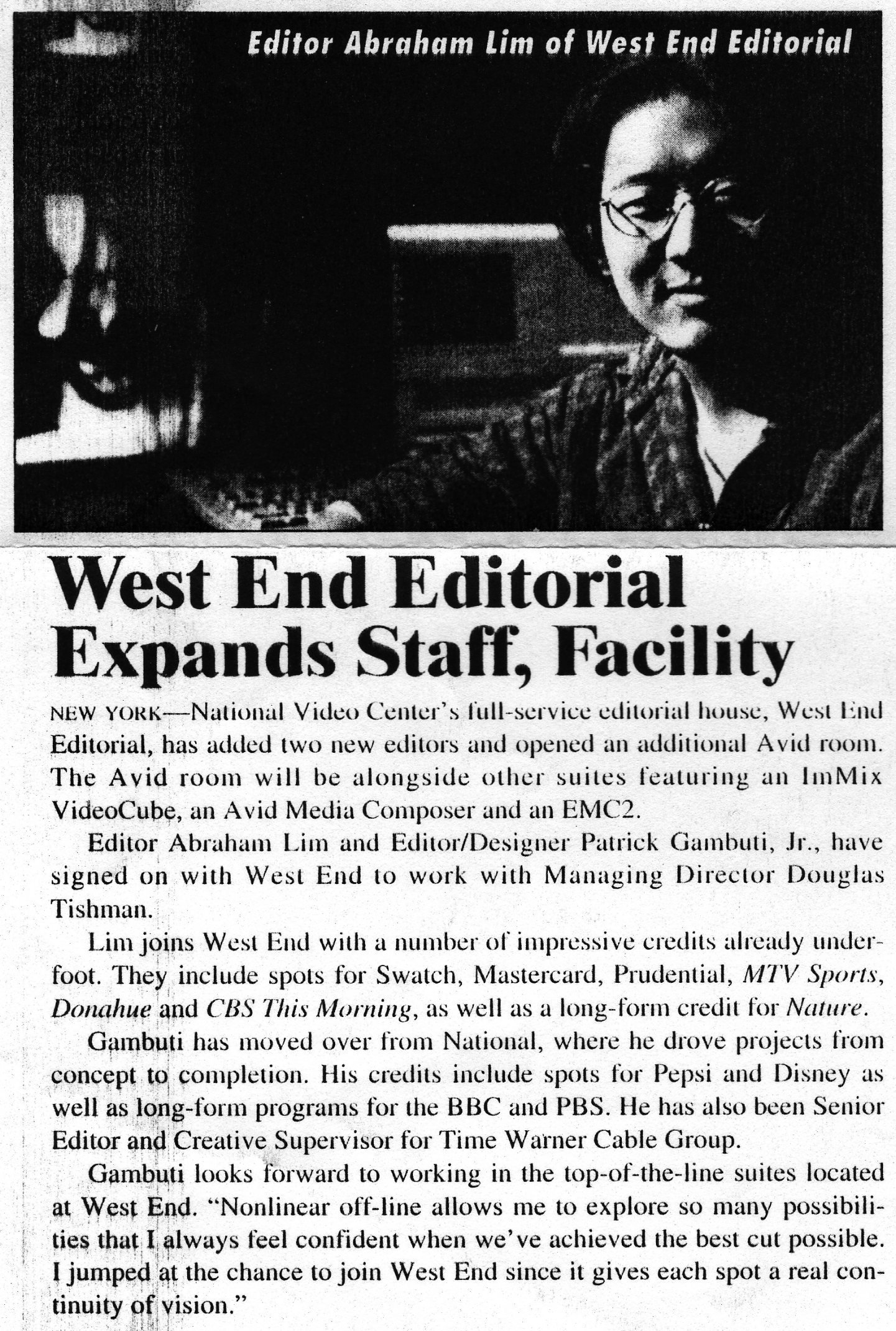 West End Editorial expansion article, National Video Center, New York