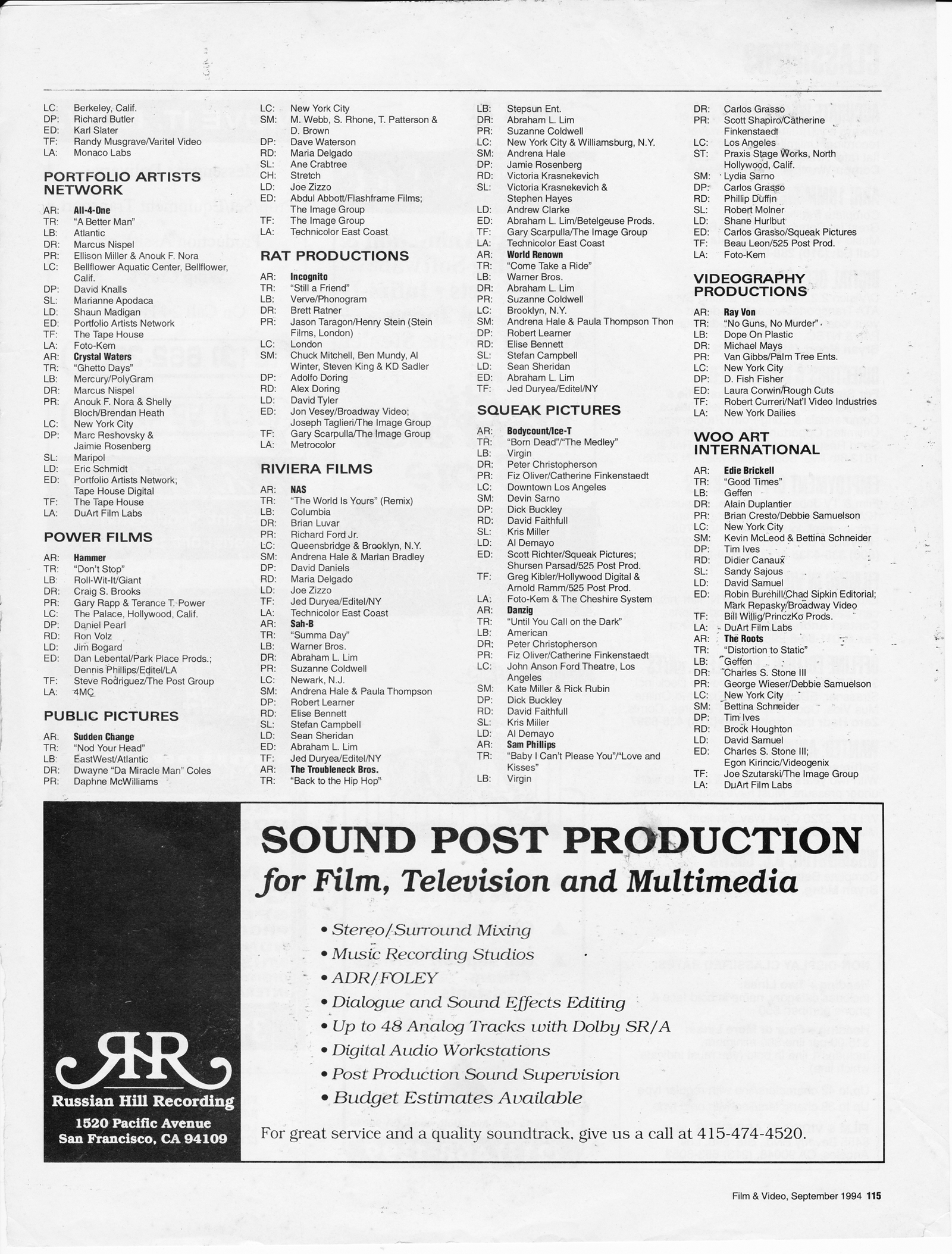 Film & Video Magazine monthly music video production report page, Abraham Lim director