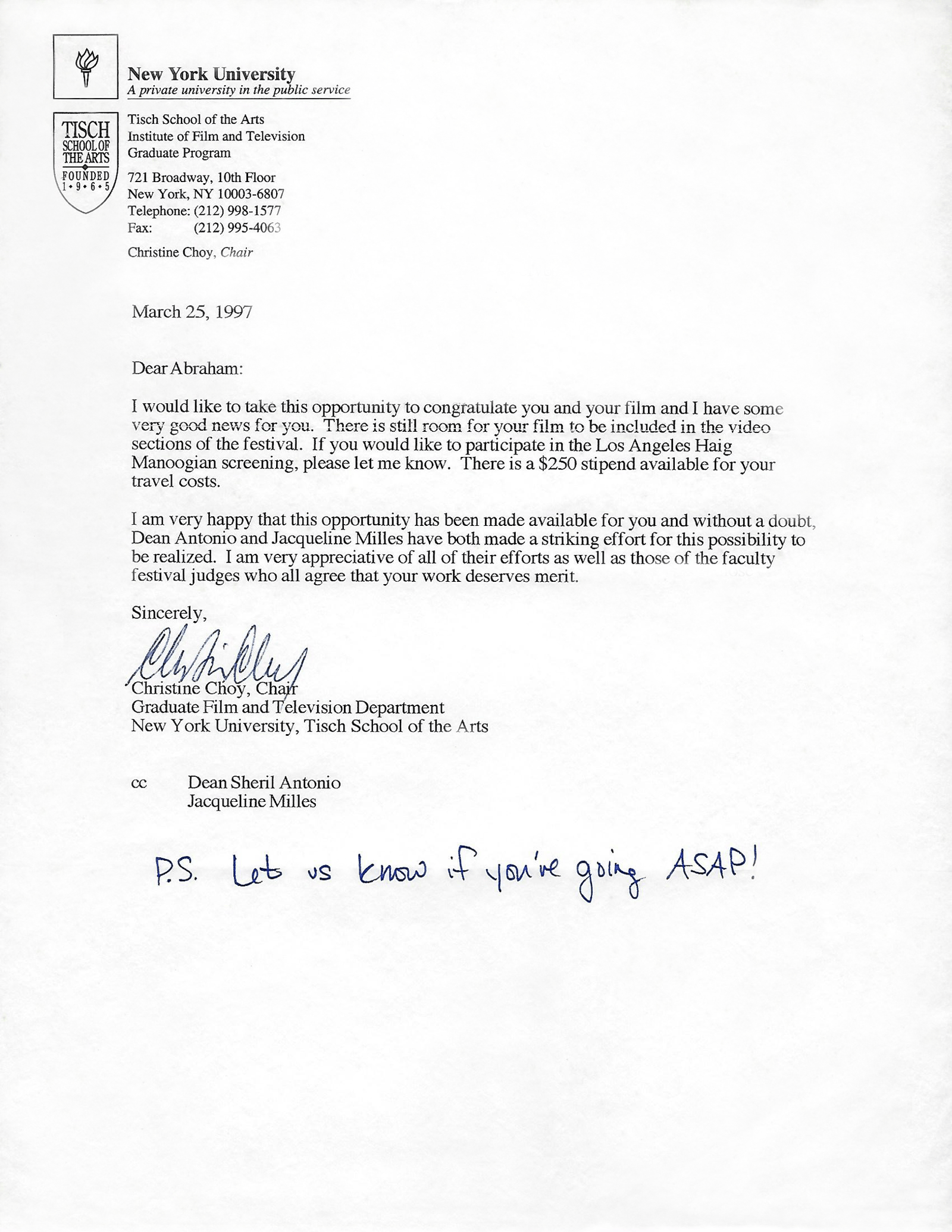 Invitation for 'Fly' Abraham Lincoln Lim thesis film, Haig Manoogian Screening, Los Angeles