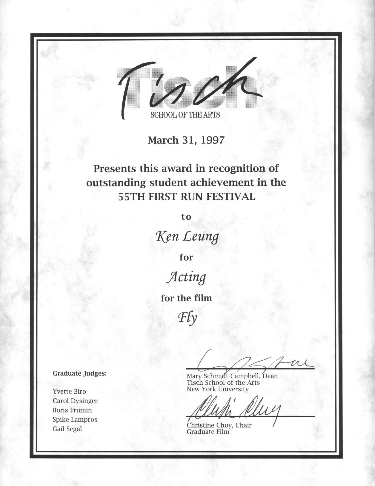 NYU First Run Festival 1997 award, Ken Leung, Acting, 'Fly'