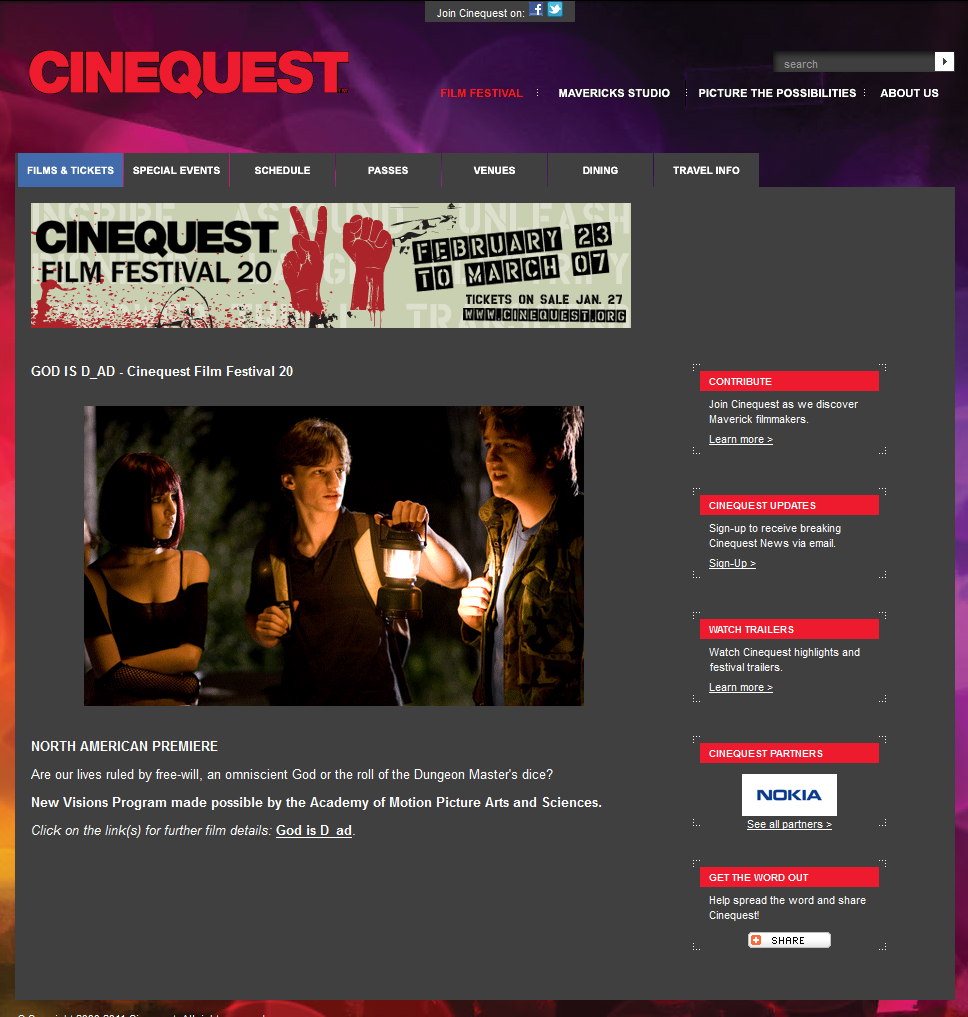 God Is D_ad Cinequest Film Festival page, North American premiere